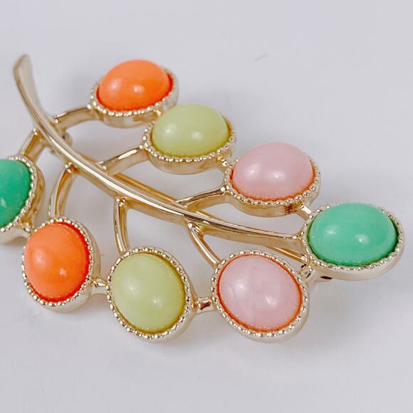 VTG Signed Sarah Coventry Leaf Brooch Pastel Cabochon 1960s Colorful Whimsical - Picture 3 of 11